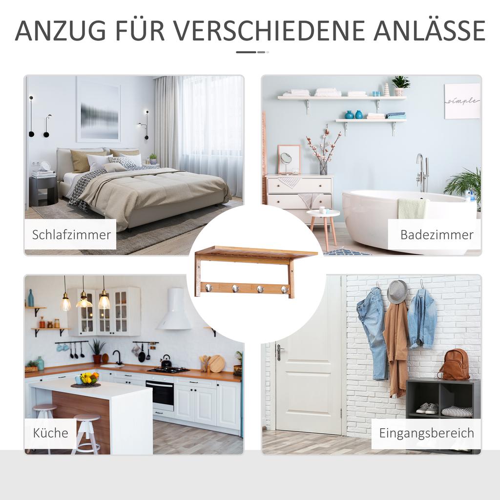 Wall Coat Rack Coat Rack with Hooks Wall-Mounted Space-Saving 5 Kg Load Capacity, 50 X 16 X 17.5 Cm Natural Wood