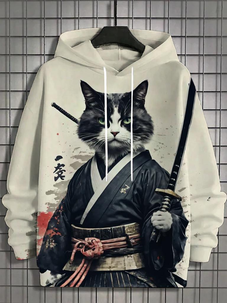 Japanese Samurai Cat Print Men's Hoodies Street Trend Hip Hop Y2k Clothes Fashion Pullover Autumn and Winter Casual Sweatshirts