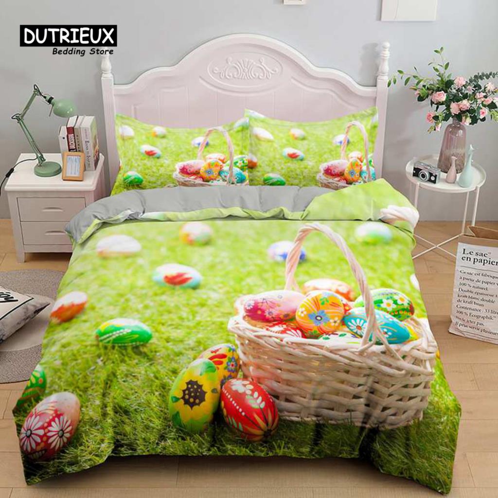 Soft Cartoon Pastoral Rabbit Duvet Cover Set Easter Eggs Print Bedding Set For Kids Child Microfiber Single King Comforter Cover