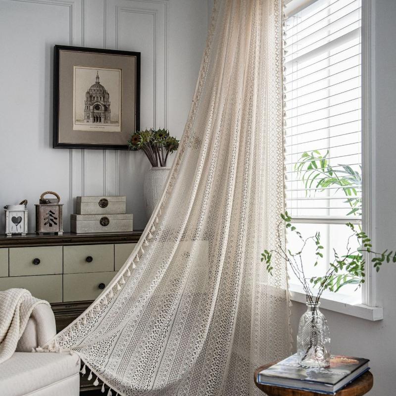 Rod Pocket Beige Curtain Crochet Hollow Tassel Blackout Bedroom Kitchen Living Room Window Curtains for Home Decor, 1pc
