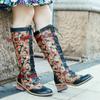 Handbemalte Patchwork-Langstiefel aus echtem Leder im Vintage-Court-Stil mit Spitzenbesatz und hohen Absätzen