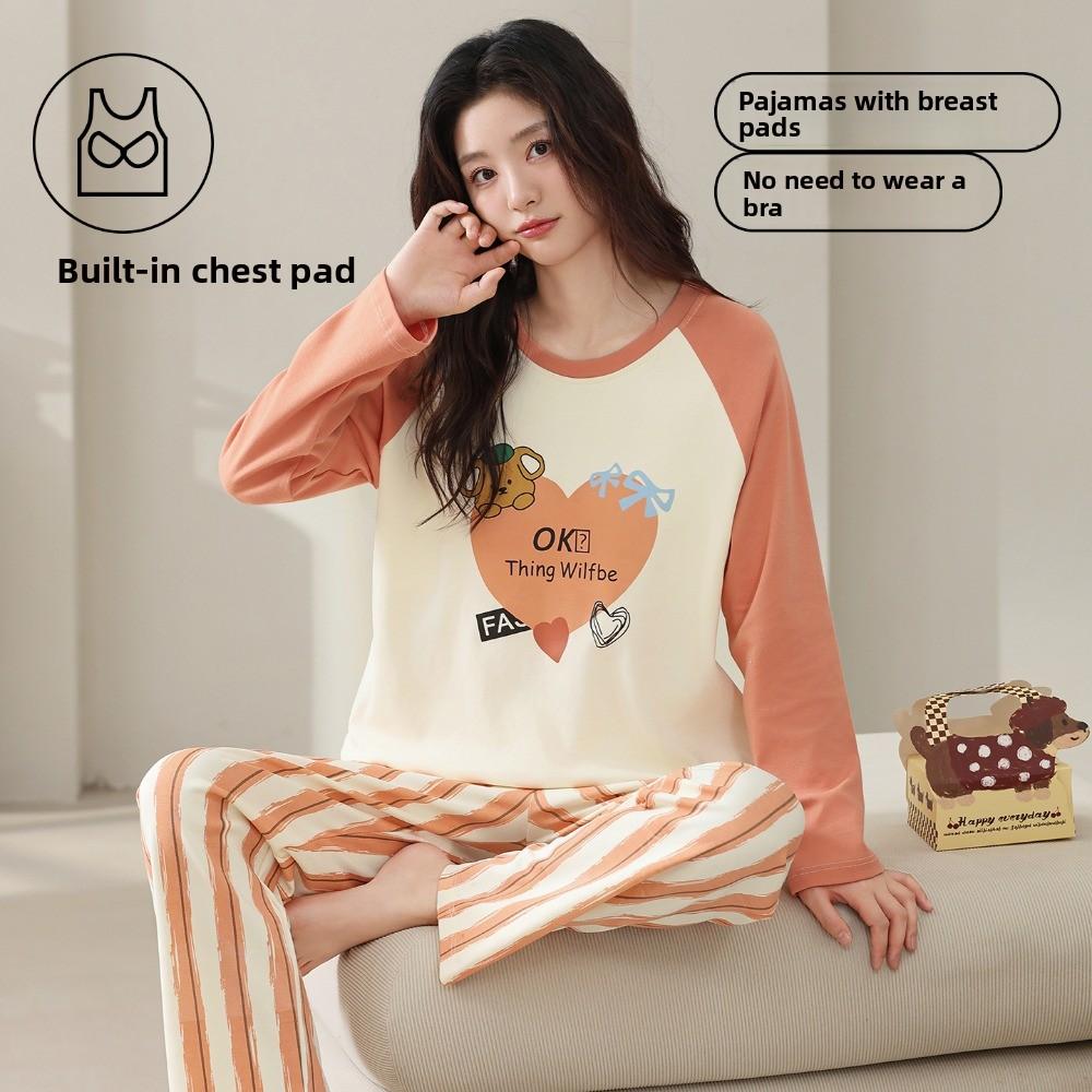 Women Pajama Set with Built in Chest Pads Crew Neck Long Sleeve Top & Pants Cute Print Soft Casual Loungewear Home Sleepwear