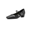 Krazing Pot Microfiber Square Toe Thick Med Heels Spring Summer Shoes Big Size 43 Flowers Decoration Women Office Lady Pumps