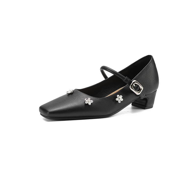 Krazing Pot Microfiber Square Toe Thick Med Heels Spring Summer Shoes Big Size 43 Flowers Decoration Women Office Lady Pumps