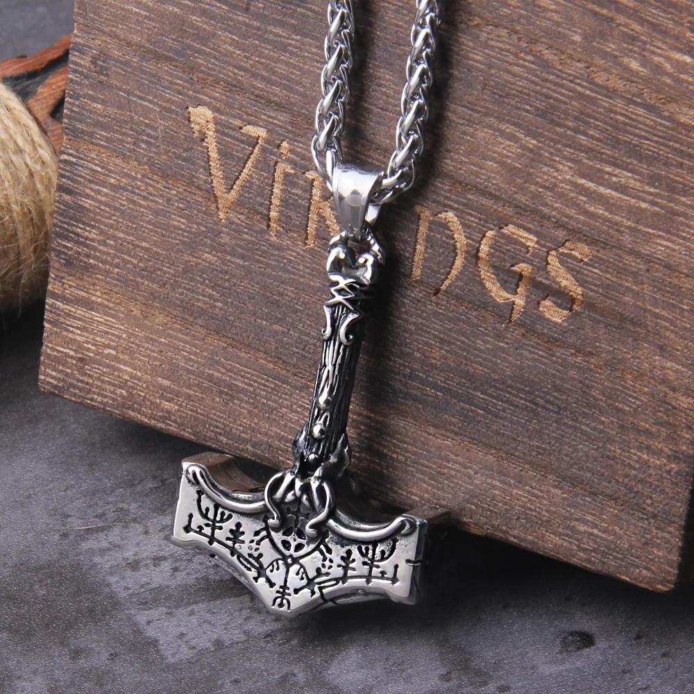 Fashion Valknut Viking Thor's Hammer Pendant Necklace With keel Chain As Men Gift with wooden box