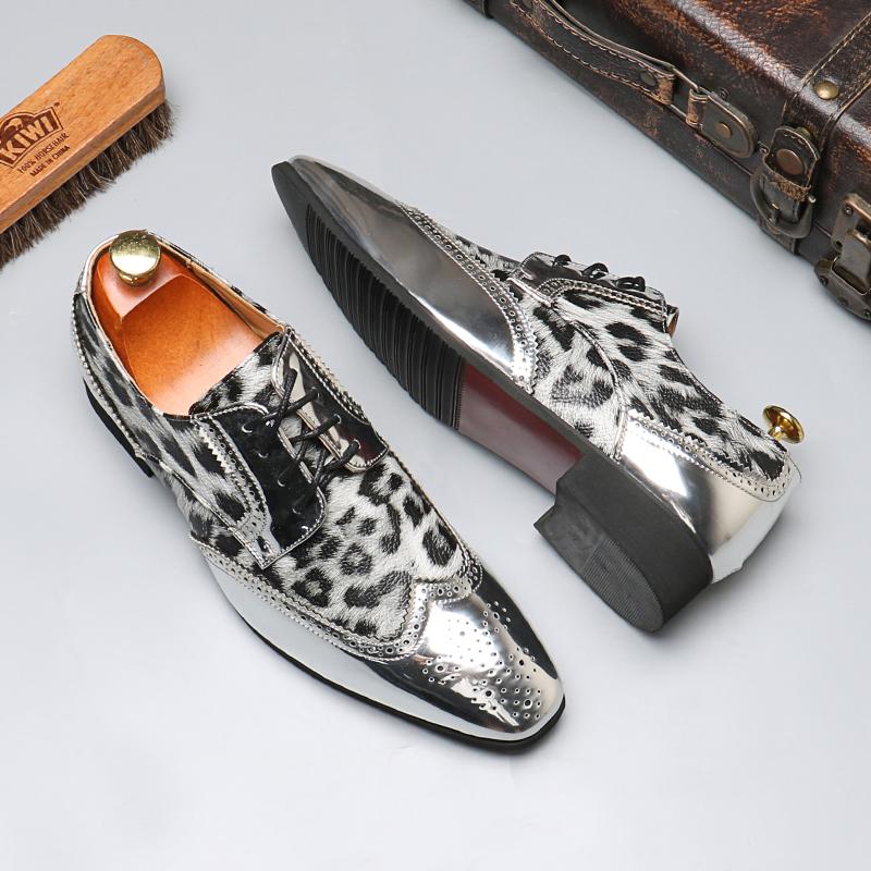 Luxury Shoes for Men Wedding Party Nightclub Leopard Patent Leather Patchwork Fashion Mens Brogue Derby Shoe Men Lace-up Flats