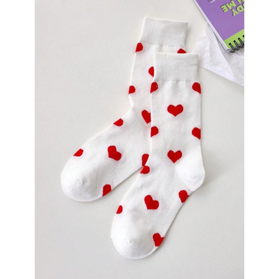 1 Pair Of Women s Heart-Patterned Double-Striped Athletic Calf Socks Perfect For Autumn Valentine s Day Outfits And As A Valentine s Day Gift белый