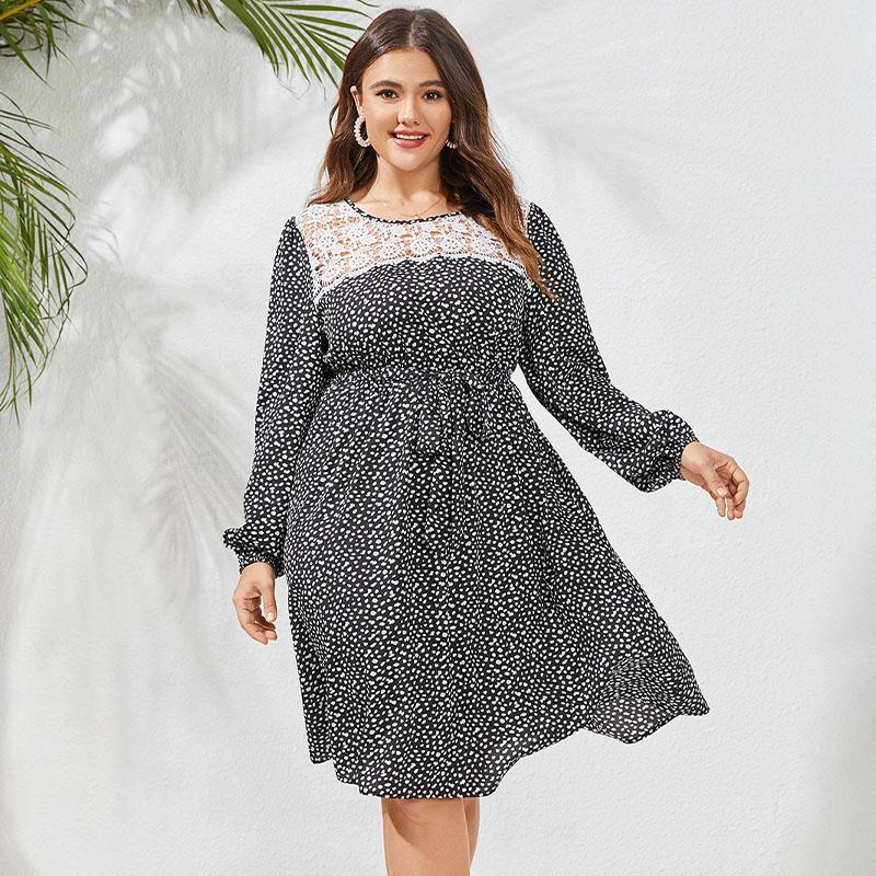 

Женское кружевное лоскутное платье миди с длинным рукавом и пятнистым принтом