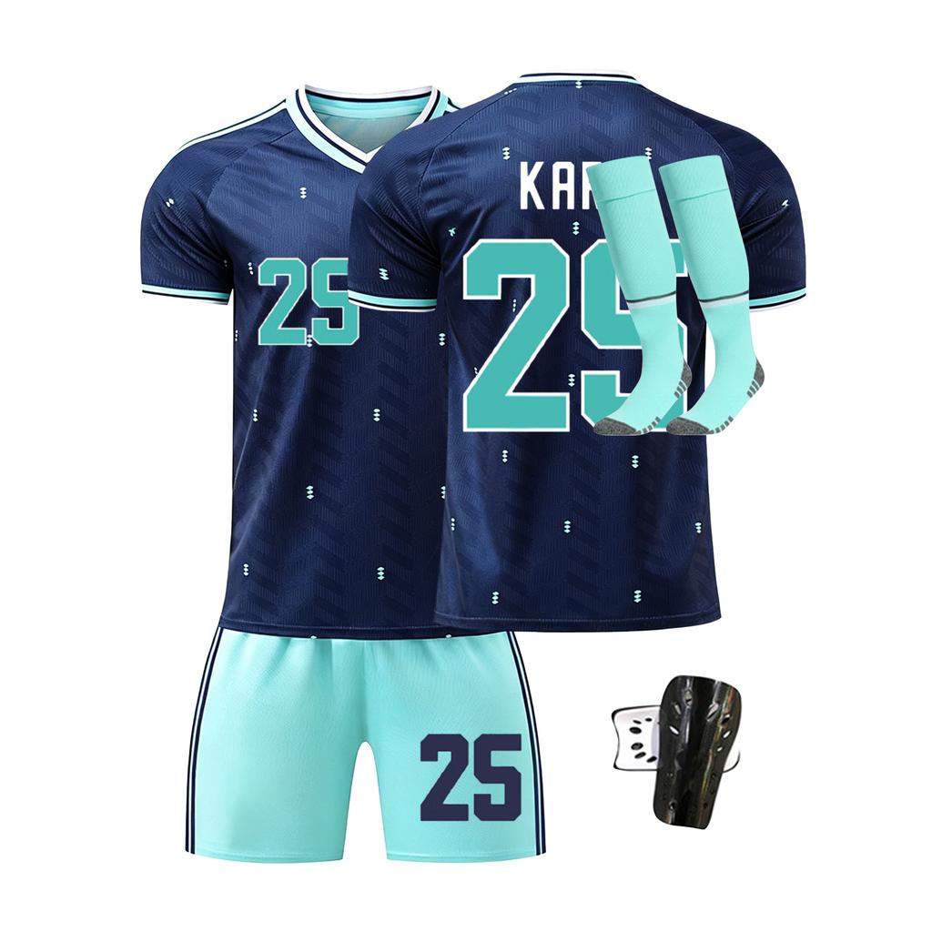 Men's Four Piece Sportswear Set Includes Short Sleeve Jersey Shorts Socks and Shin Guards Suitable for Outdoor and Indoor Activities