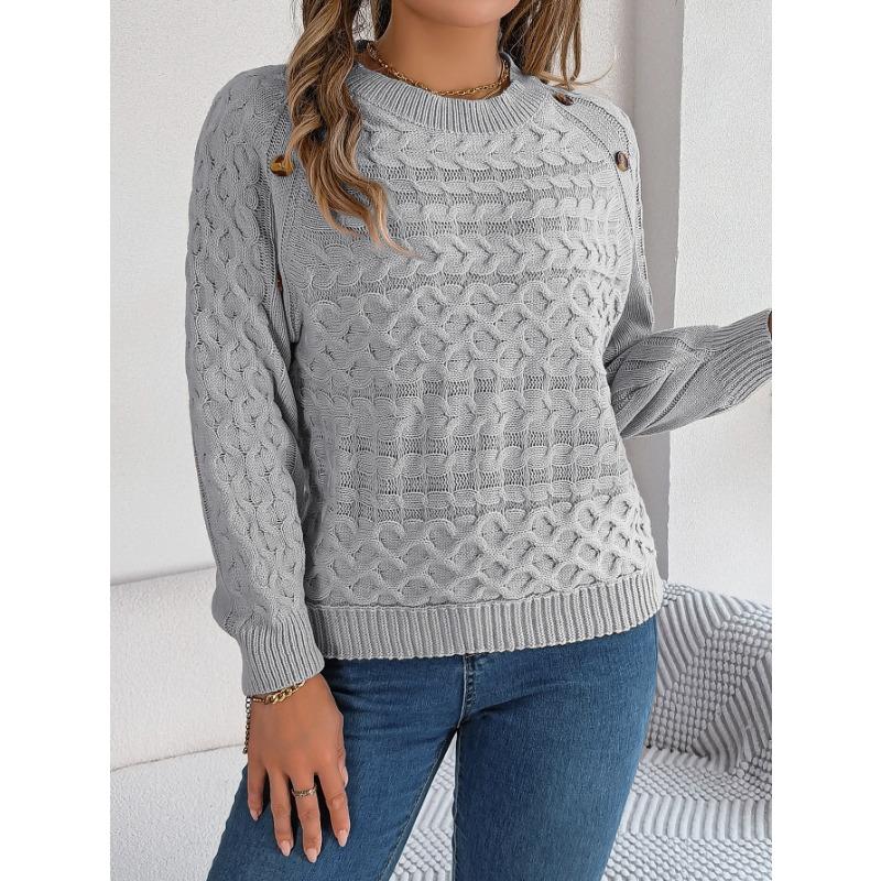 Neuer einfarbiger Pullover mit gedrehten Knöpfen und Laternenärmeln für Damen im Herbst und Winter