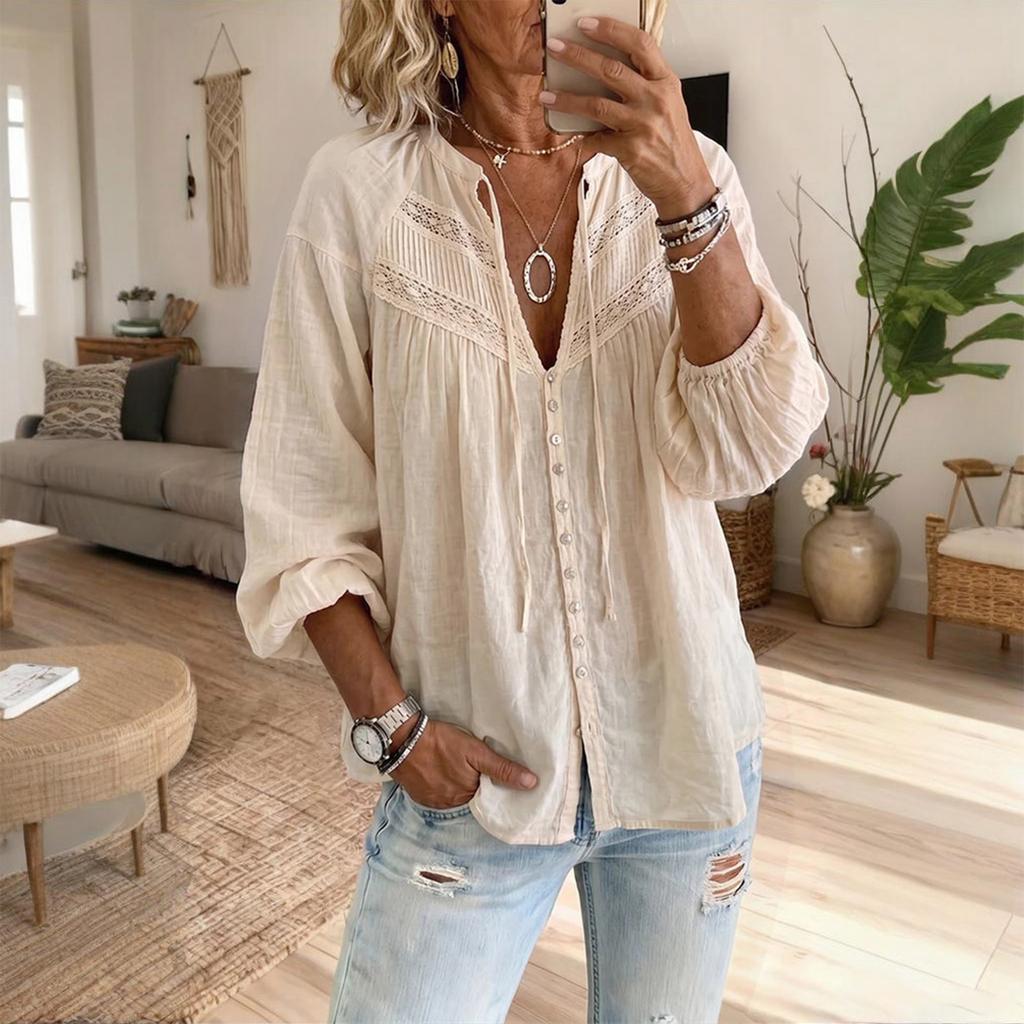Women's Bohemian Lace Trim Cotton Linen Long Sleeve Blouse with Sleeves for Vacation Beach