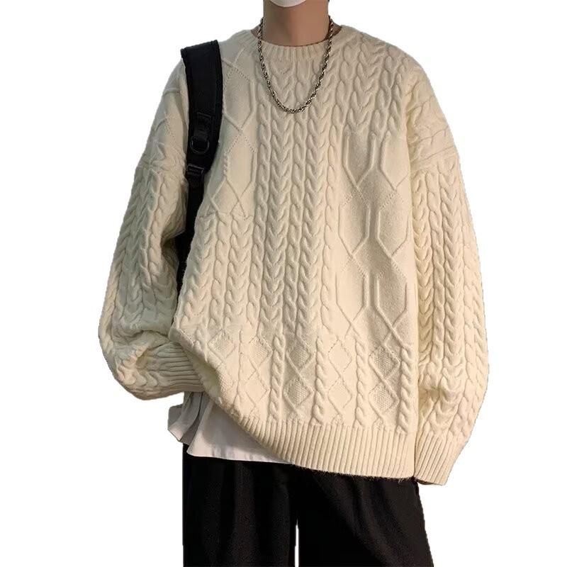 Men's Trendy Japanese Twisted Knit Sweater - Loose, Thickened, Round Neck for Autumn/Winter.