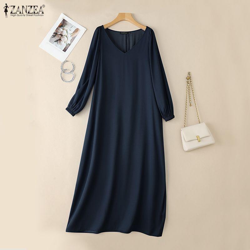 

ZANZEA Женское повседневное платье макси с длинным рукавом, V-образным вырезом и однотонной расцветкой 5XL темно-синий
