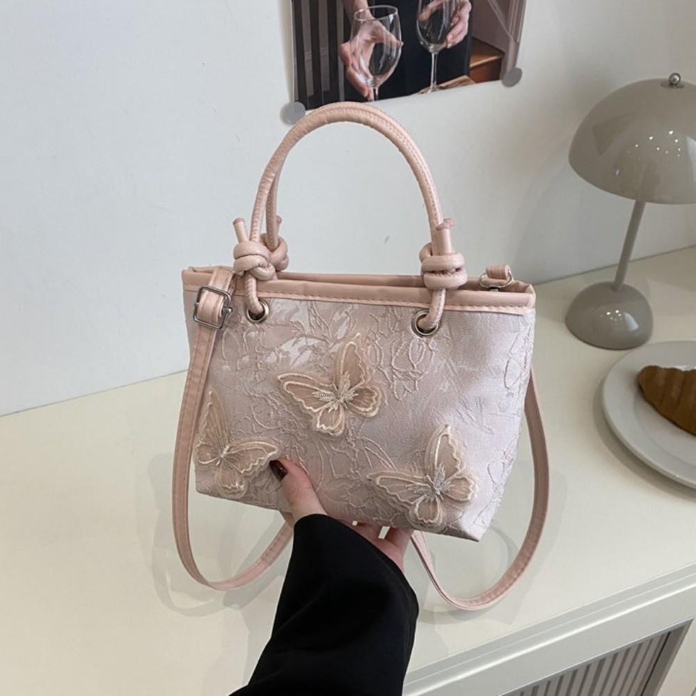 Butterfly Chinese Style Bucket Bag Artistic Canvas Material Cheongsam Handbag Tassel Decoration Magnetic Buckle Closure