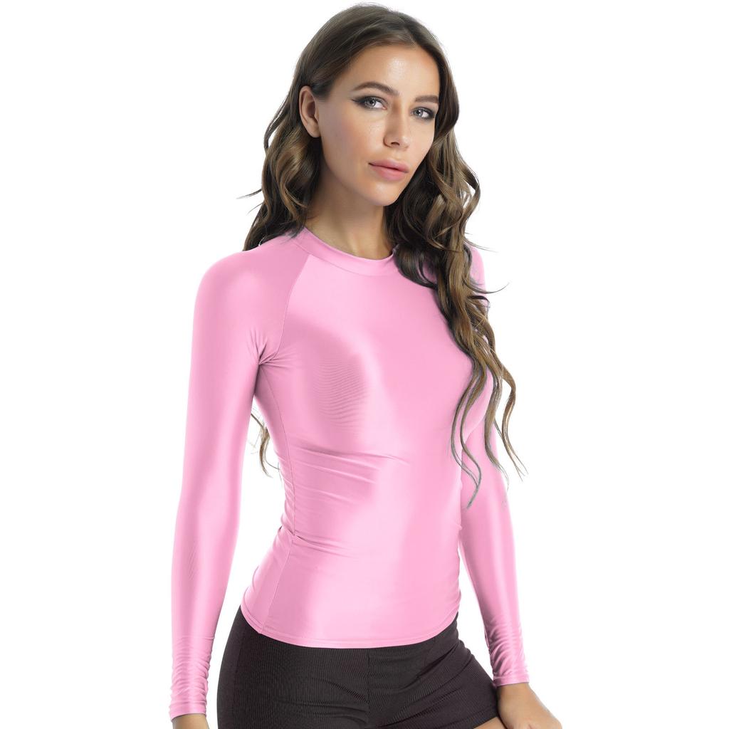 M-XL Women's Glossy Yoga Top: O Neck Long Sleeve Solid Color Slim Fit Breathable T-Shirt for Athletic Wear