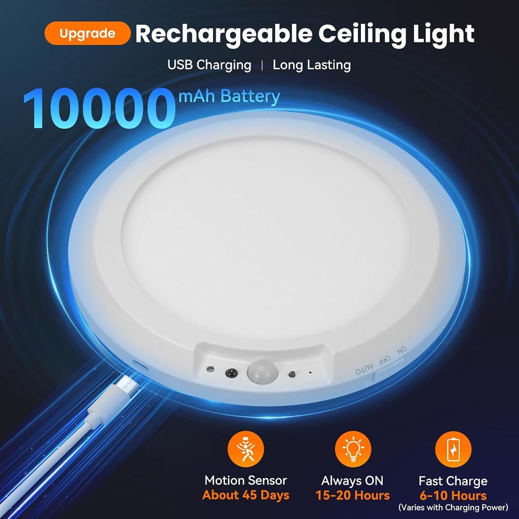 Wiederaufladbare Deckenleuchte mit Fernbedienung, 10000 mAh, 1 Packung | Batteriebetriebene Duschleuchte, Bewegungssensor Schranklicht, 5 Timer 3 Modi 3 Farben 10