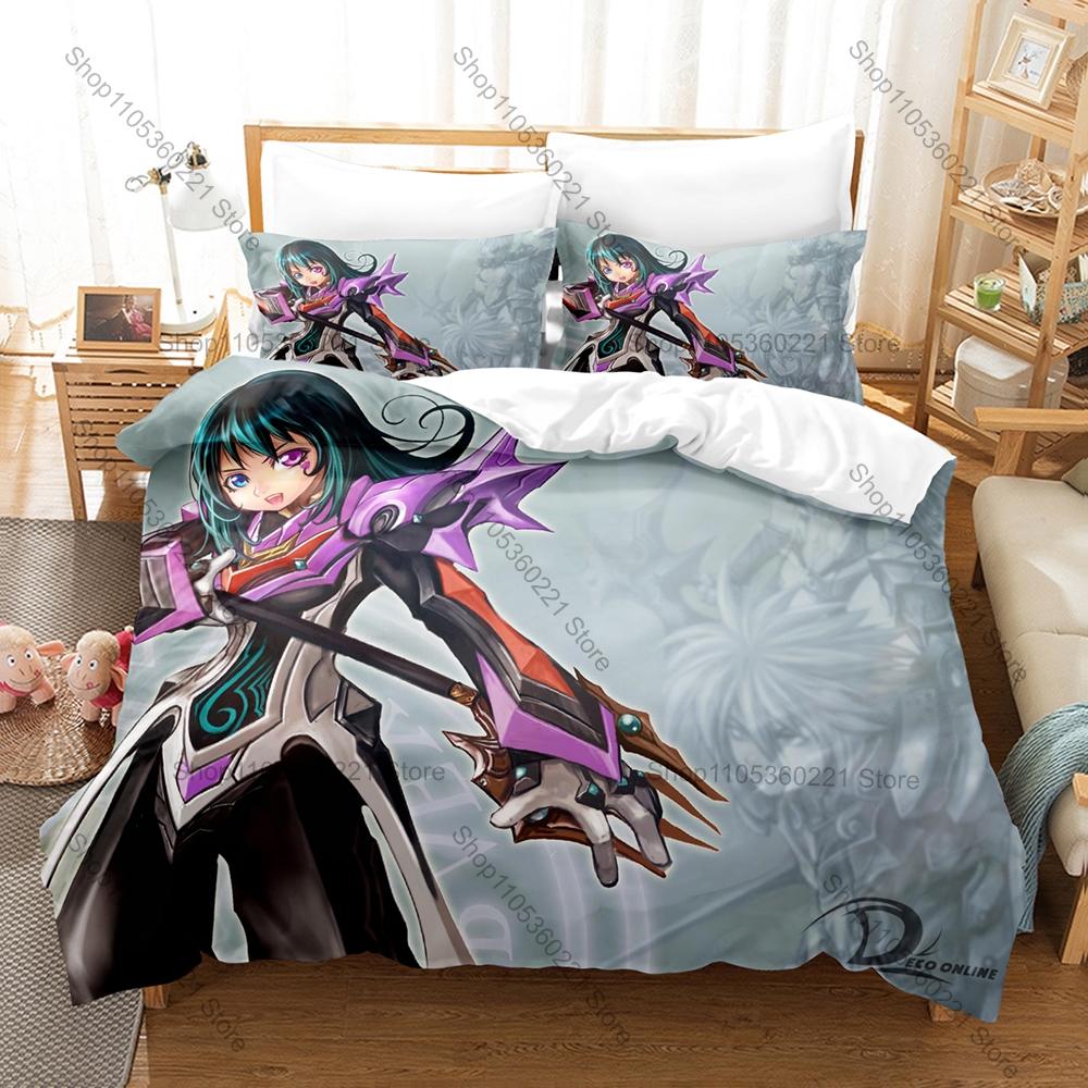 Cool MMORPG Collage Deco Online Chibi Classes Battle Scene Fantasy Game Merch 3PCS Bedding Duvet Cover + 2 Pillowcases Home Deco