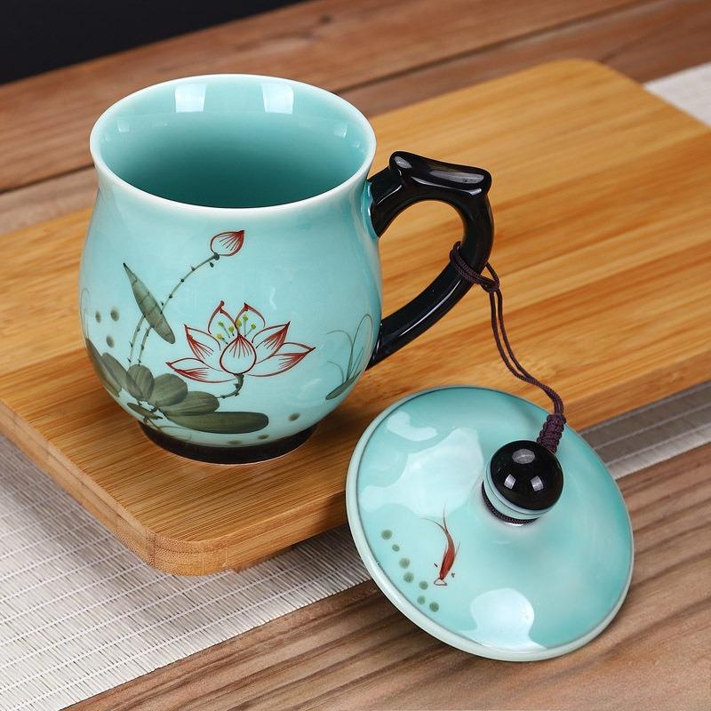 Hand Painted Celadon Tea Cup with Lid Ceramic Mug Office Home Gift Personal Drinking Cup