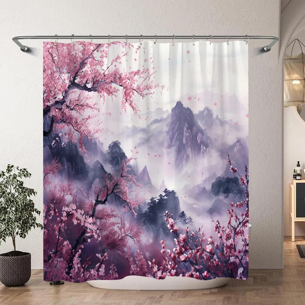 Japanese Cherry Blossom Watercolour Print Shower Curtain Koi Waves Chinese Ink Painting Polyester Shower Curtains Bathroom Decor