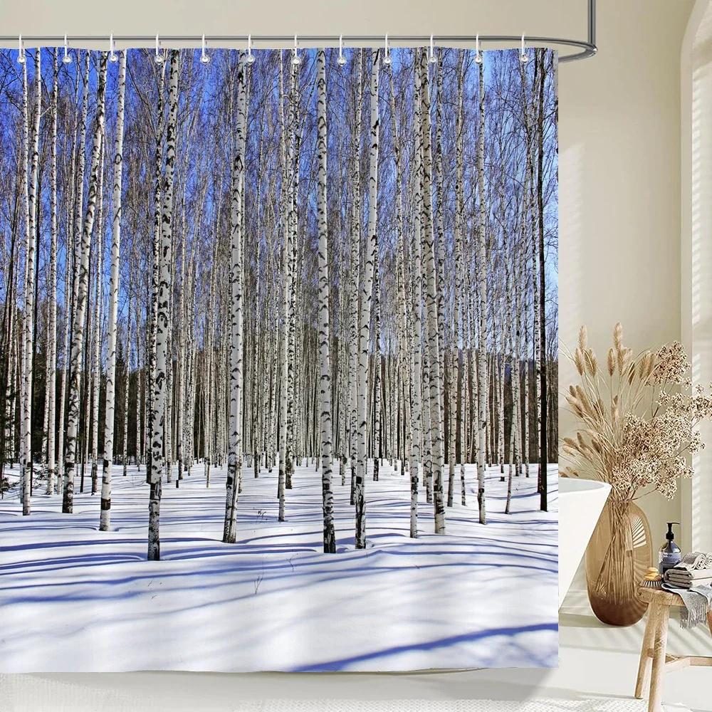 Hochwertiger Birkenwaldstoff Duschvorhang Wasserdicht Naturlandschaft Gedruckte Badevorhänge für Badezimmerdekor mit Haken