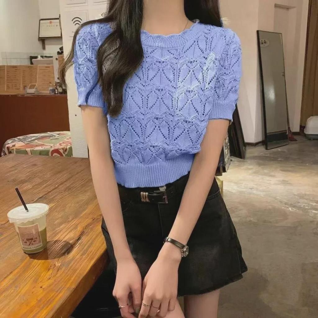 Women's Hollow Knit Cardigan - Short Sleeve, Mesh, Shawl Top, 2023 Spring/Summer Sunscreen Style