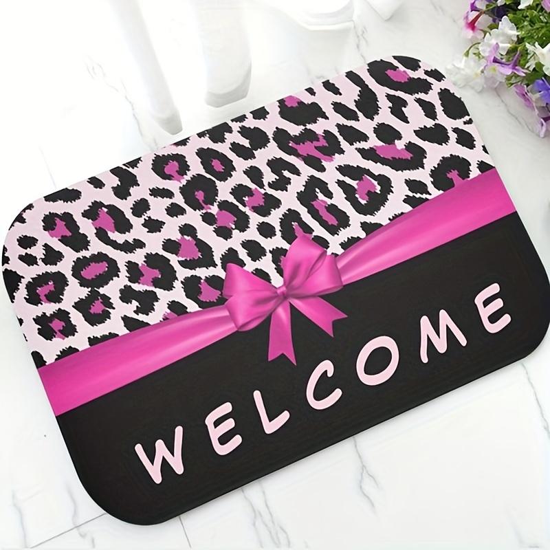 

Stylish Leopard Print Bow Welcome Mat - Modern Pink Bow Polyester Floor Mat for Bathroom, Kitchen & Entryway - Washable Rug 40x60cm