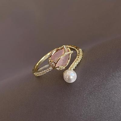 Women Tulip Flower Pearl Ring Fashion Temperament Open Ring Elegant Jewelry CLE