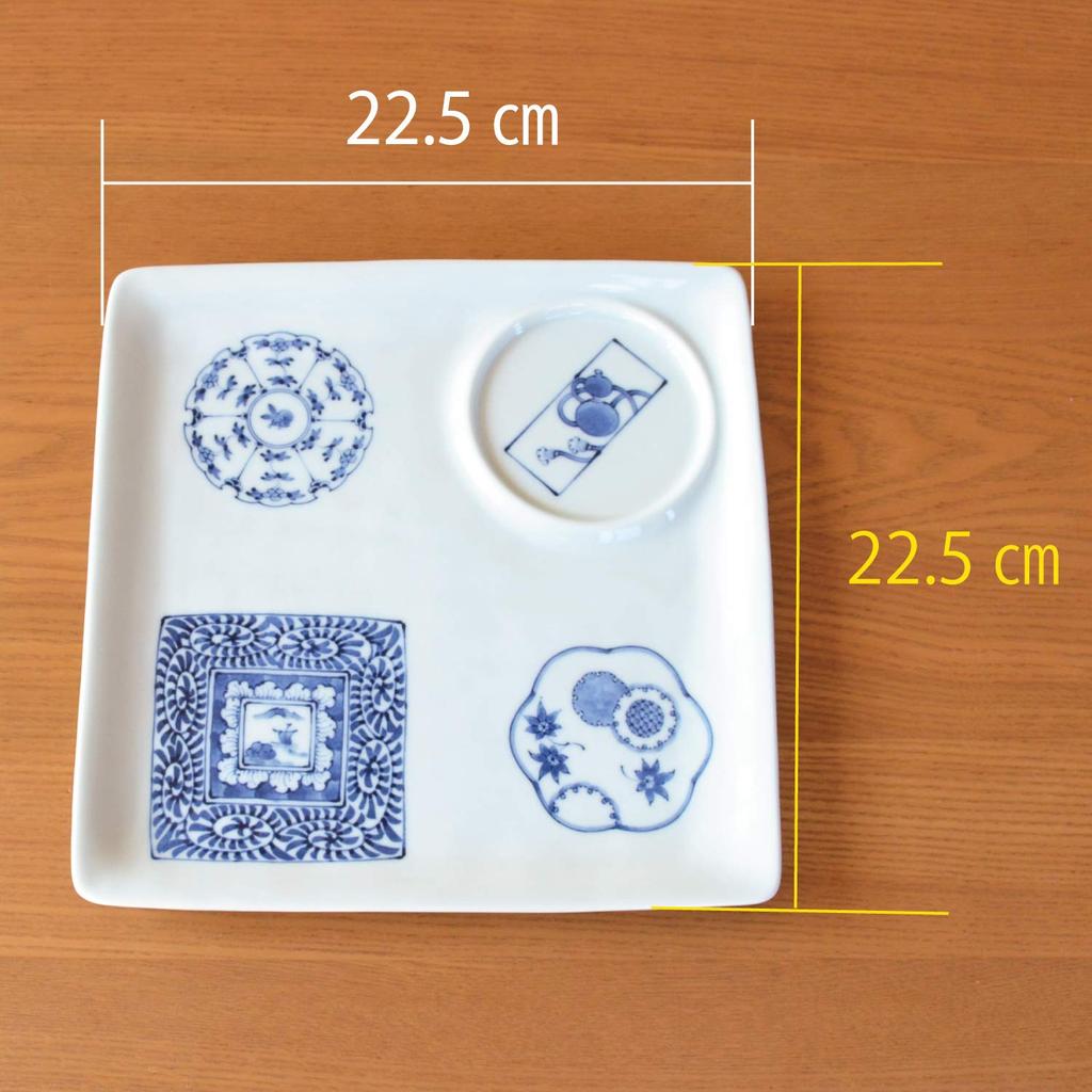 Stylish Two-piece Arita Ware One-plate Set Featuring the "Hundred Views of Sometsuke" Design. Dishwasher and Microwave Safe.
