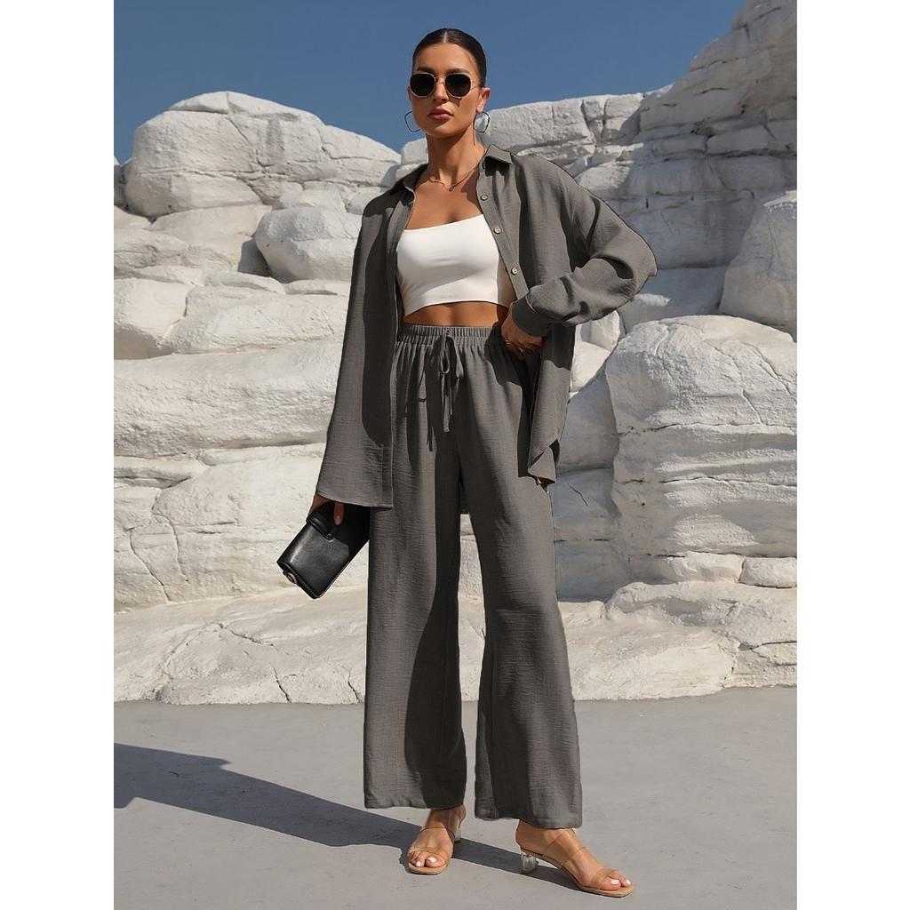 Beach Vacation Solid Color Loose Casual Shirt Skirt Two-piece Suit Women Spring and Summer