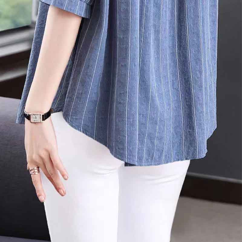 Women Casual Fashion Elegant Striped Printed Button Shirt Summer  Loose  Half Sleeve Tops