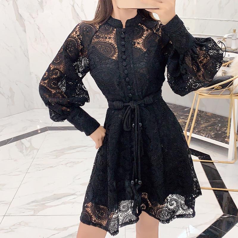 2020 New Spring Self Portrait Runway Dress Hollow Lantern Sleeves Embroidered Lace Party Dress