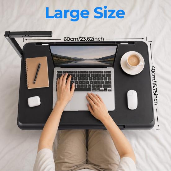 Bed Laptop Table Desk with LED, Drawer, Cup Phone Holder, Book Stand, 5 Height Computer Adjustable Foldable Lap Table, Sofa Floor Stand Tray