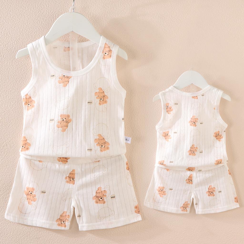 Koreańska wersja zestawu kamizelki dla dzieci Nowy chłopięcy i dziewczęcy dziecięcy kreskówkowy cienki zestaw bez rękawów kamizelki i szortów modny