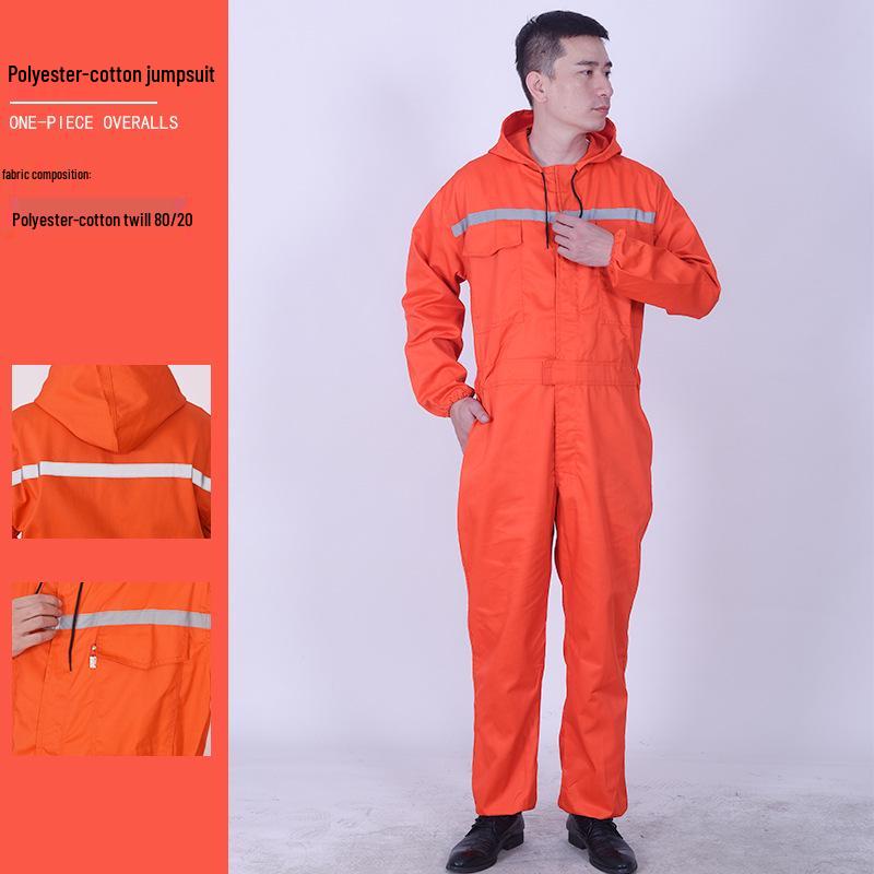 Men's Reflective Polyester-Cotton Jumpsuit with Hood - Breathable, Wear-Resistant, Ideal for Spring & Autumn Repair Work.