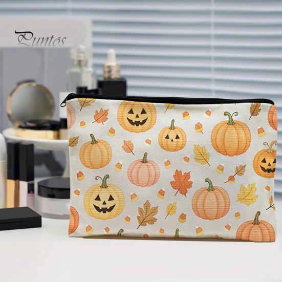 Washable Storage Pouch Bag, with Halloween Pattern Print, Smooth Zipper Durable Canvas Dust-proof Container Organizer, Portable Stationery Case,