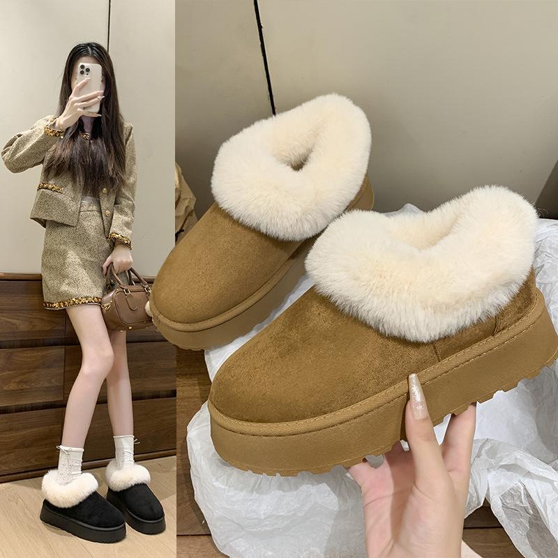 Solid Color Large Size Snow Boots Women's 2025 Winter New Fluffy Piled Thickened Warm Wear-resistant Heightening Cotton Boots Cotton Shoes