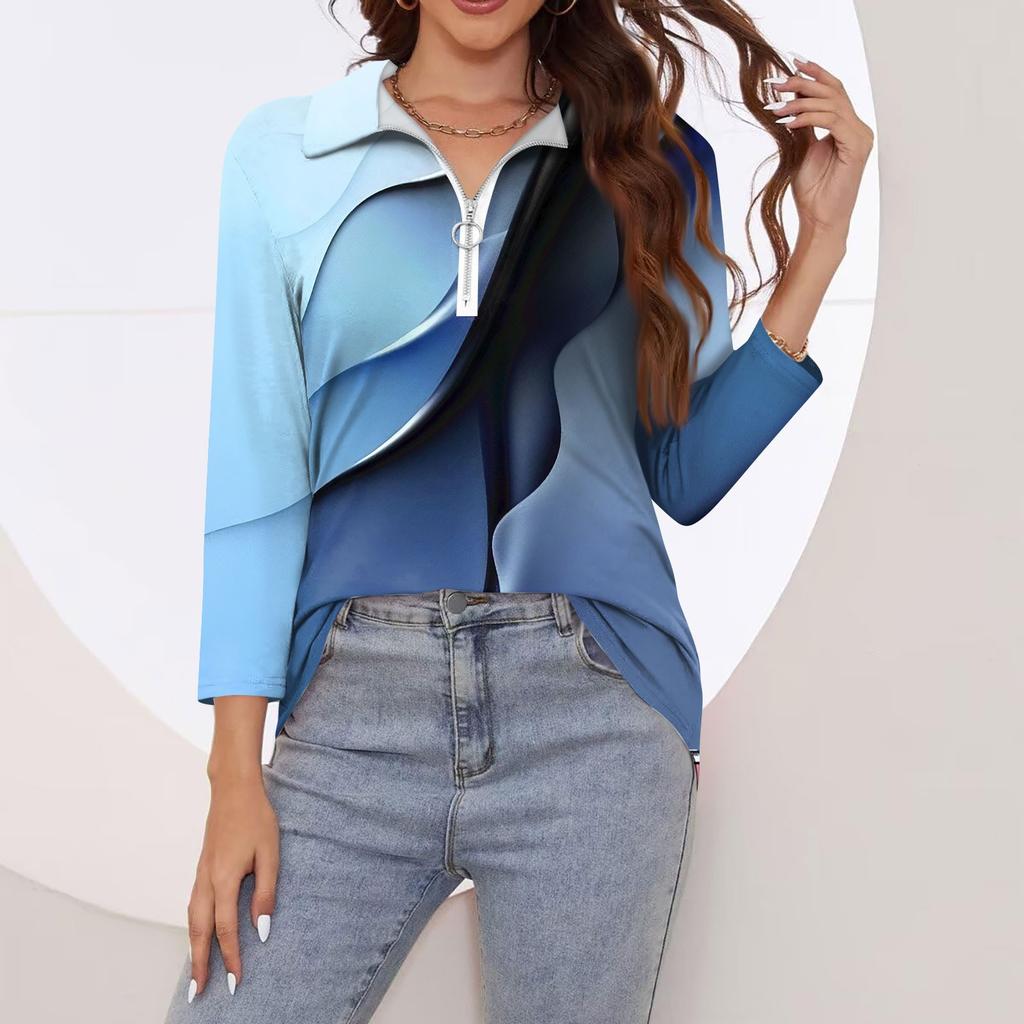 Mode Été Femme Décontracté Imprimé Col V Manches Sept Points Haut Chemise