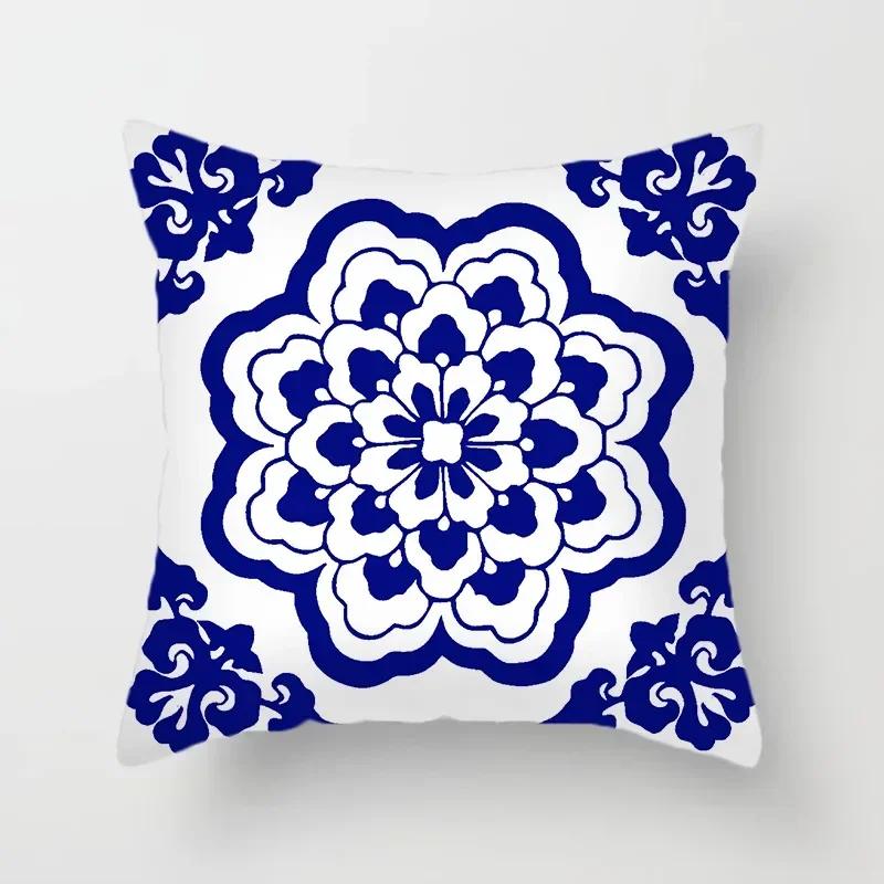 40/45/50/60Cm Blue Geometric Floral Printed Pillow Case Soft Cushion Cover For Home Sofa Car Bedroom Pillow Covers