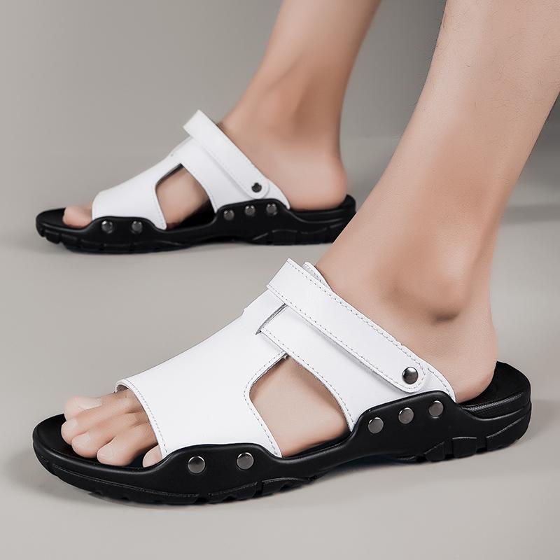 2024 Summer New Men's Versatile Fashion Two Wear Casual Leather Shoes Sandals Simple Outdoor Comfortable Anti Slip Beach Shoes