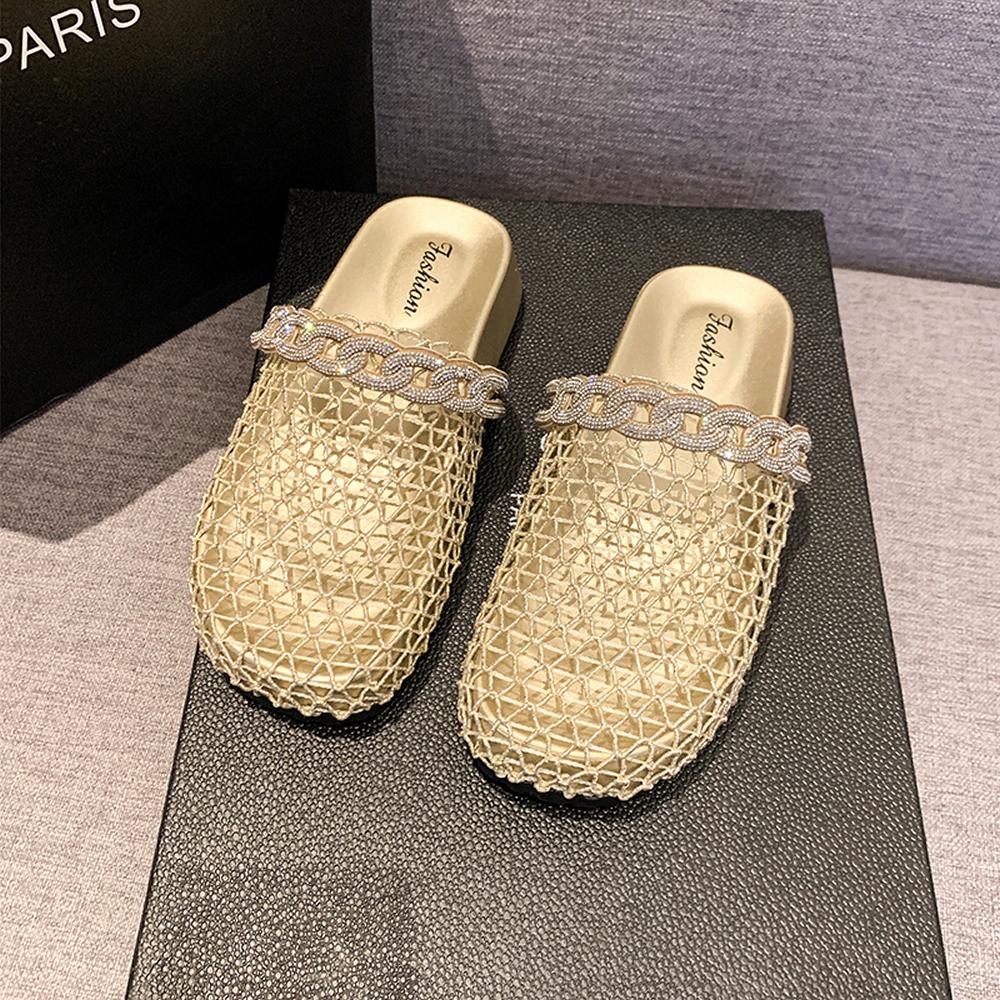 Retro Woven Fishing Net Sandals Women's Outdoor Summer New Diamond Thick Heel One-Strap Head Covering Half Slippers