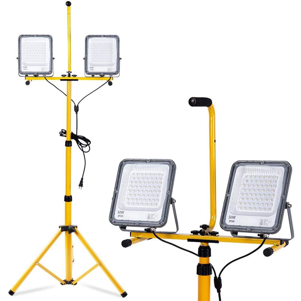 

LED Tripod Floodlight, Outdoor, Waterproof, Work Light, 50W x 2, 1300W Equivalent (13,000 Lumens), High Brightness, Daylight White, 6000K, 100V