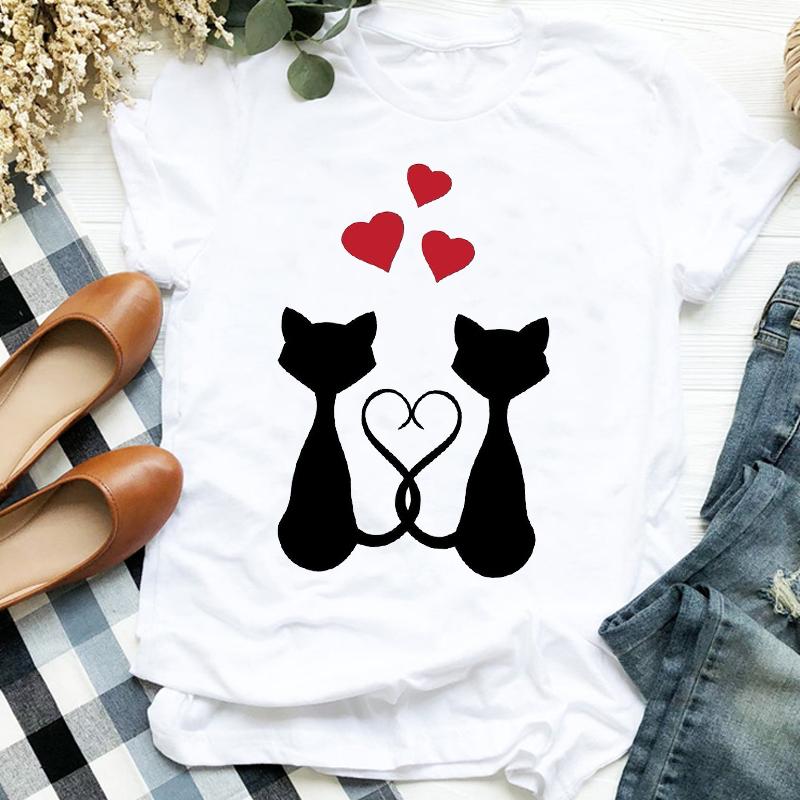 Women Lady Cartoon Cat Coffee Life Pet Cute Trend Fashion Print Tshirt Shirt Clothes Top Graphic Female T Tee Womens Tshirt