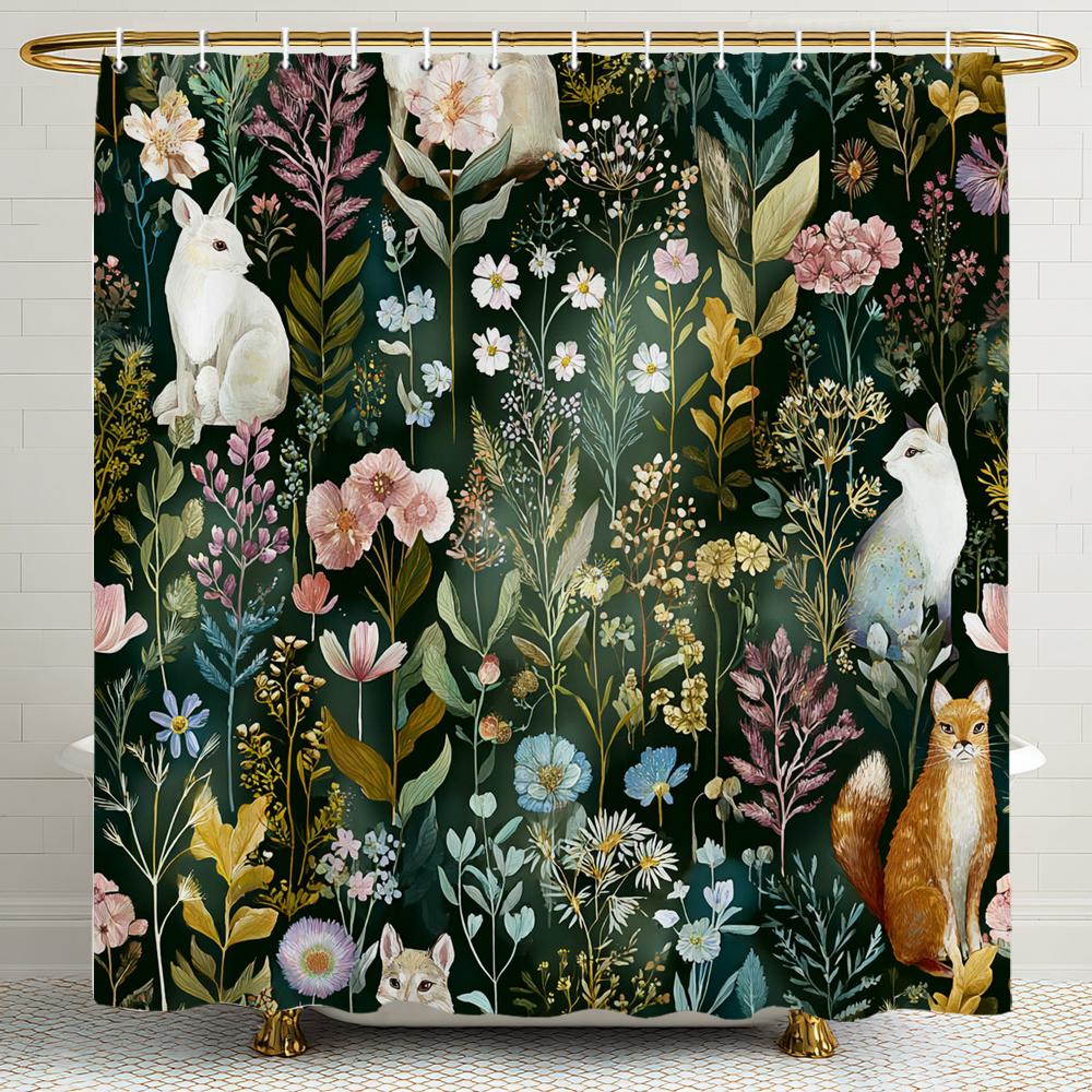 Flowers and plants cat pattern Shower Curtain, Bathroom Decorative Shower Curtain, Waterproof Shower Curtain with Hooks