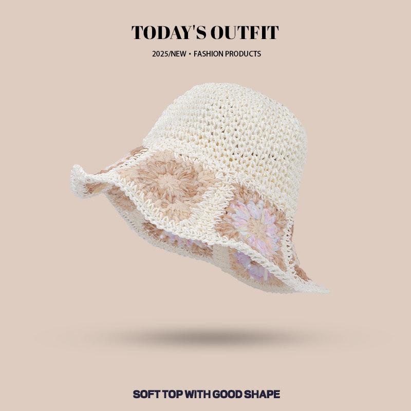 New Spring and Summer Casual Versatile Fisherman Hat Summer Sweet Flowers Hand Woven Straw Hat Travel Sun Protection Sun Hat