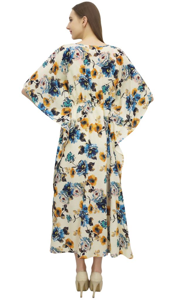 Bimba Women's Easy Wear White Long Kaftan With Drawstring Waist Long