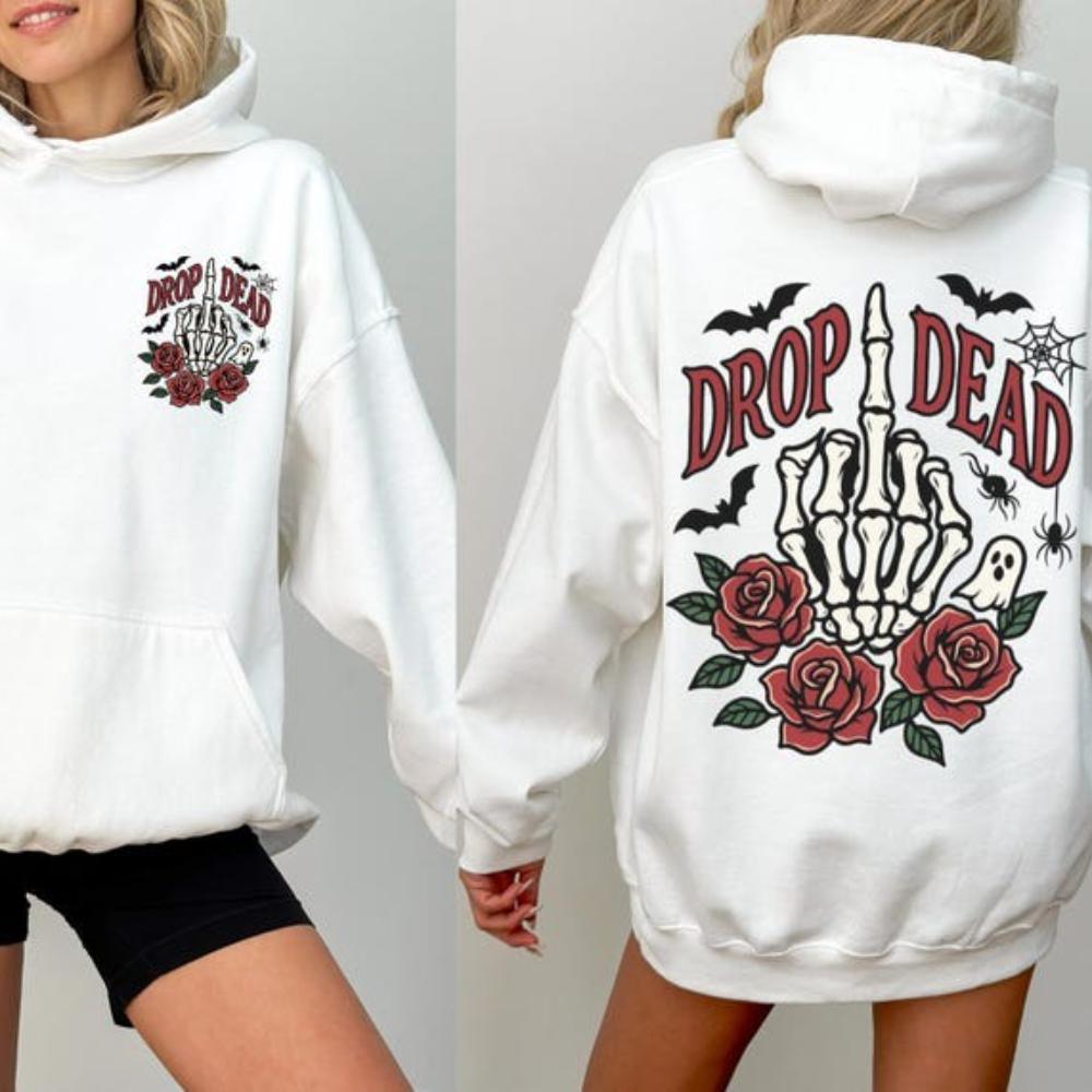 Halloween Skeleton Hoodie Drop Dead Vintage Retro Sweatshirt Spooky Season Pullover Cotton Unisex Funny Costume Party Gift