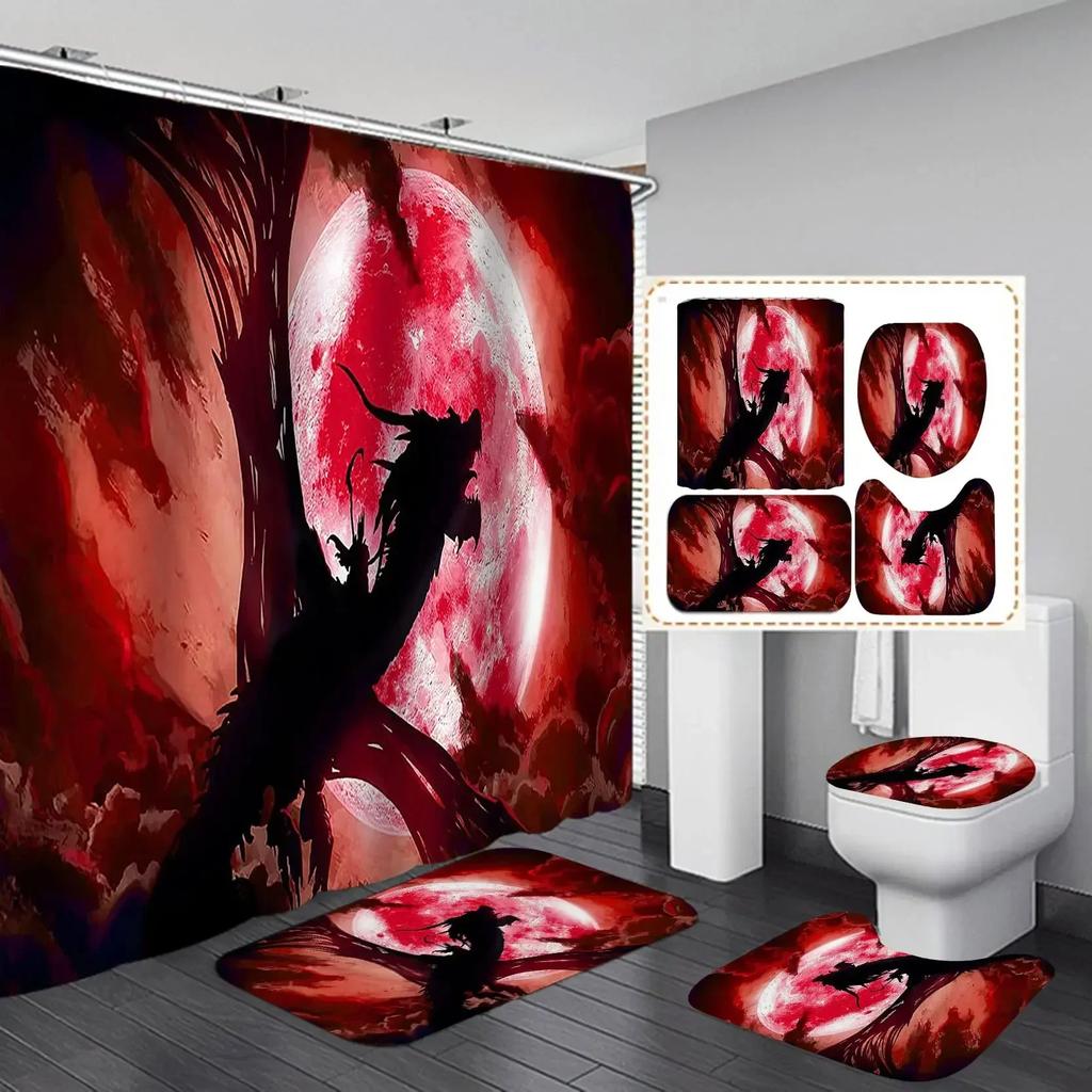 Flying Dragon Printed Waterproof Shower Curtain Set Toilet Cover Mat Non-Slip Bath Rugs Bathroom