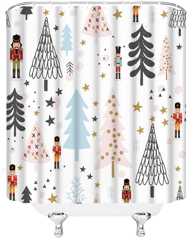 Funny Gray Blue Pink Xmas Tree Christmas Shower Curtain, Waterproof Winter Holiday Bathroom Decor for Seasonal Festival
