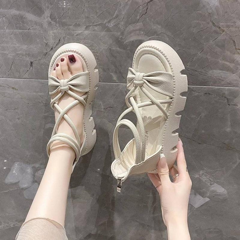 Sandals for Woman High Heels Women's Shoes Bow Summer 2025 Zip Footwear Heeled Platform Roman Style Pumps The Best H Daily Shoe