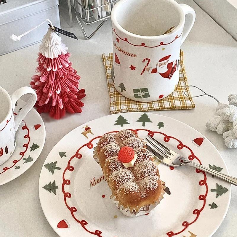 Christmas Ceramic Coffee Cup and Saucer Set Hand Drawn Cartoon Santa Claus Plate Home Breakfast Milk Cup Fruit Dessert plate